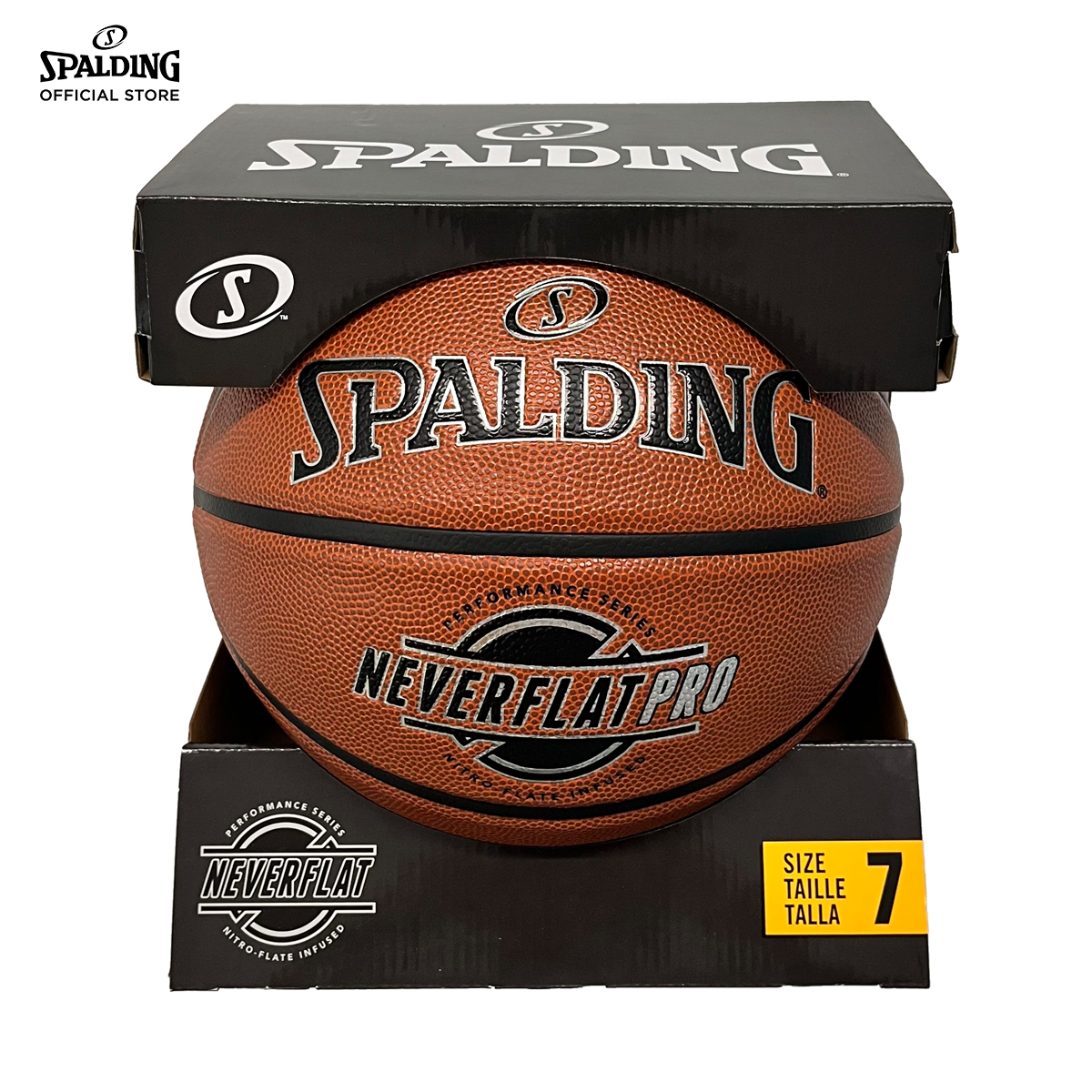 ลูกบาส SPALDING รุ่น NEVERFLAT PRO ลูกบาสเกตบอล หนัง PU, เบอร์ 7, ไม่ต้องเติมลม
